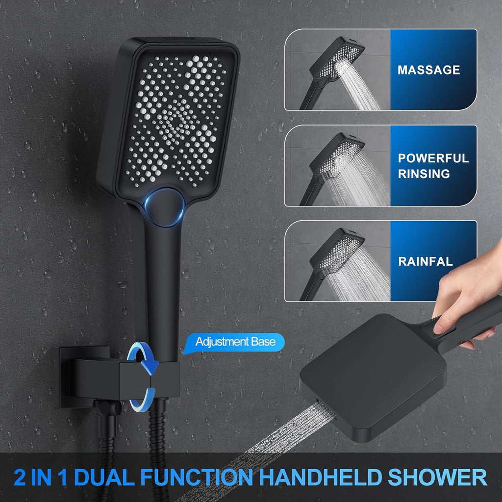 12" Ceiling Mount Rainfall Shower System Matte Black | Dual Shower Heads with Handheld & Push Button Diverter Faucet Kit