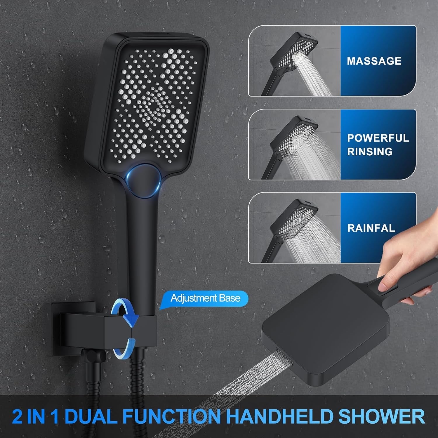 12" Ceiling Mount Rainfall Shower System Matte Black | Dual Shower Heads with Handheld & Push Button Diverter Faucet Kit