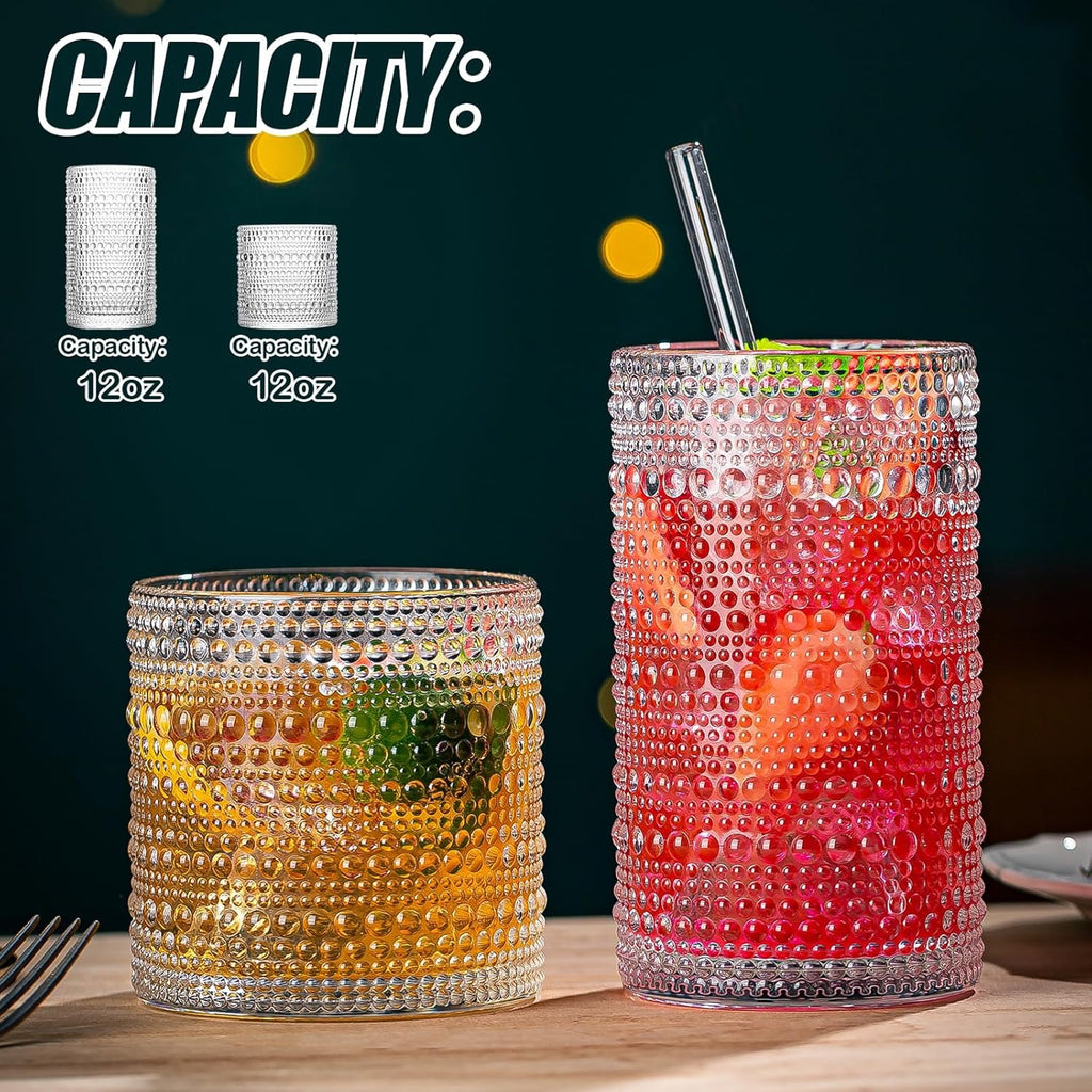 Hobnail Drinking Glasses Set (8-Piece) | Embossed 12oz Highball & Rocks Cocktail Glassware