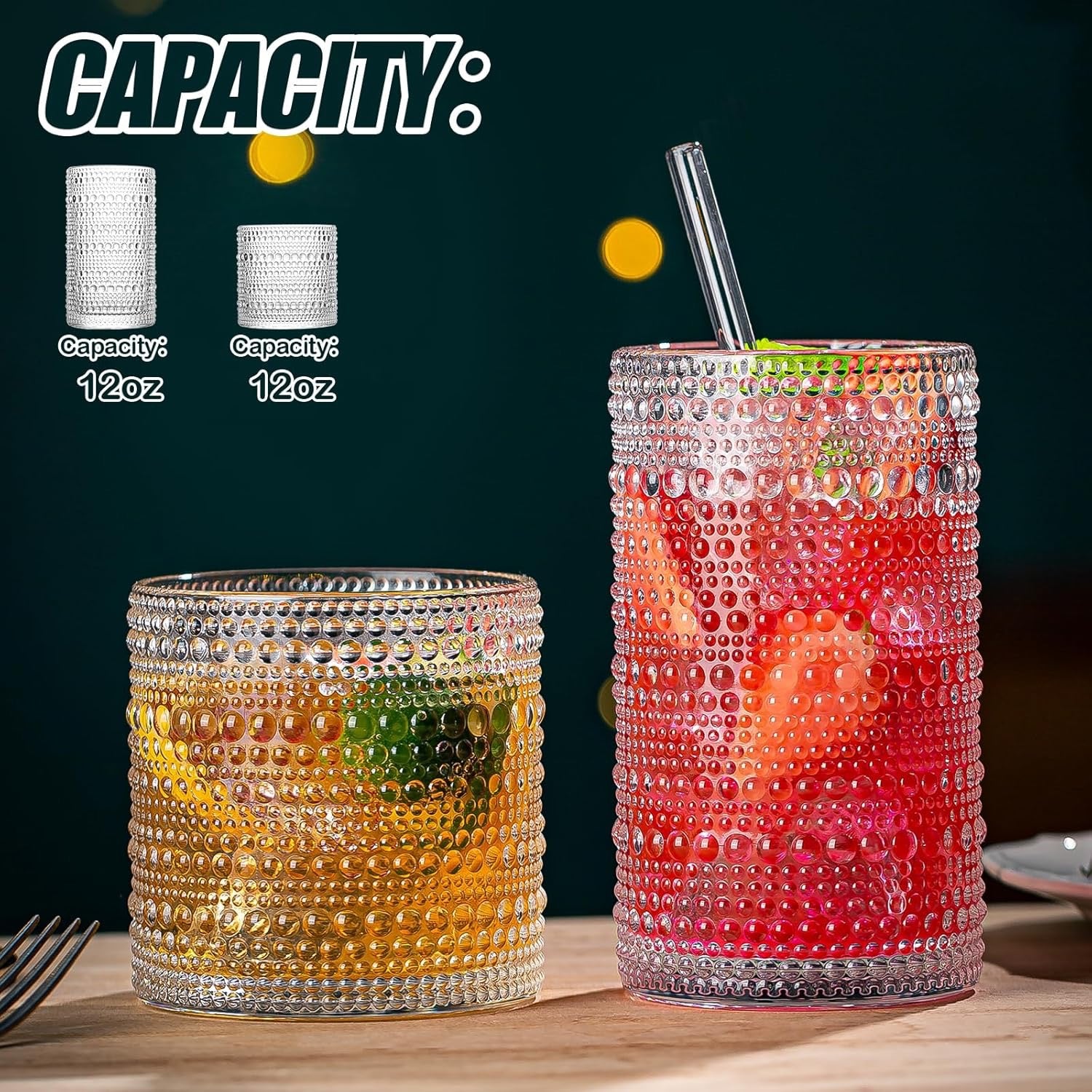Hobnail Drinking Glasses Set (8-Piece) | Embossed 12oz Highball & Rocks Cocktail Glassware