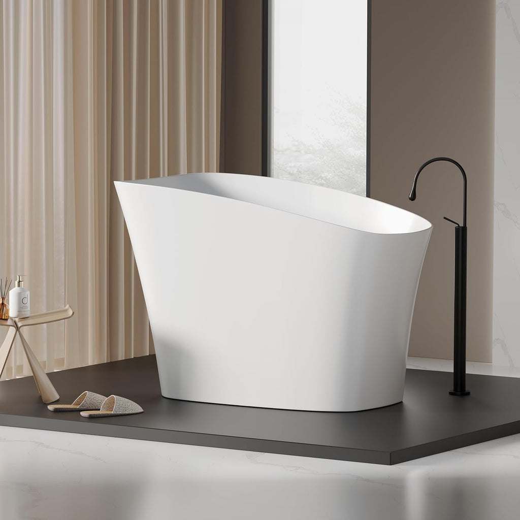 51-Inch Japanese Soaking Tub – Freestanding Stone Resin Deep Soaking Bathtub with Built-In Seat
