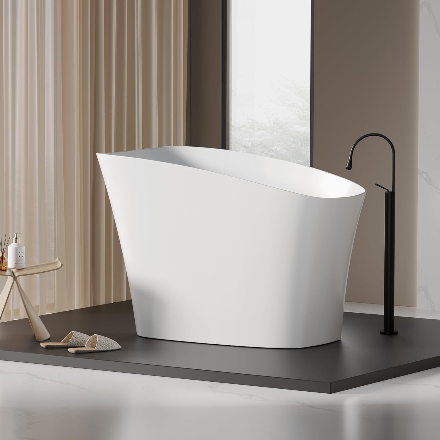 51-Inch Japanese Soaking Tub – Freestanding Stone Resin Deep Soaking Bathtub with Built-In Seat