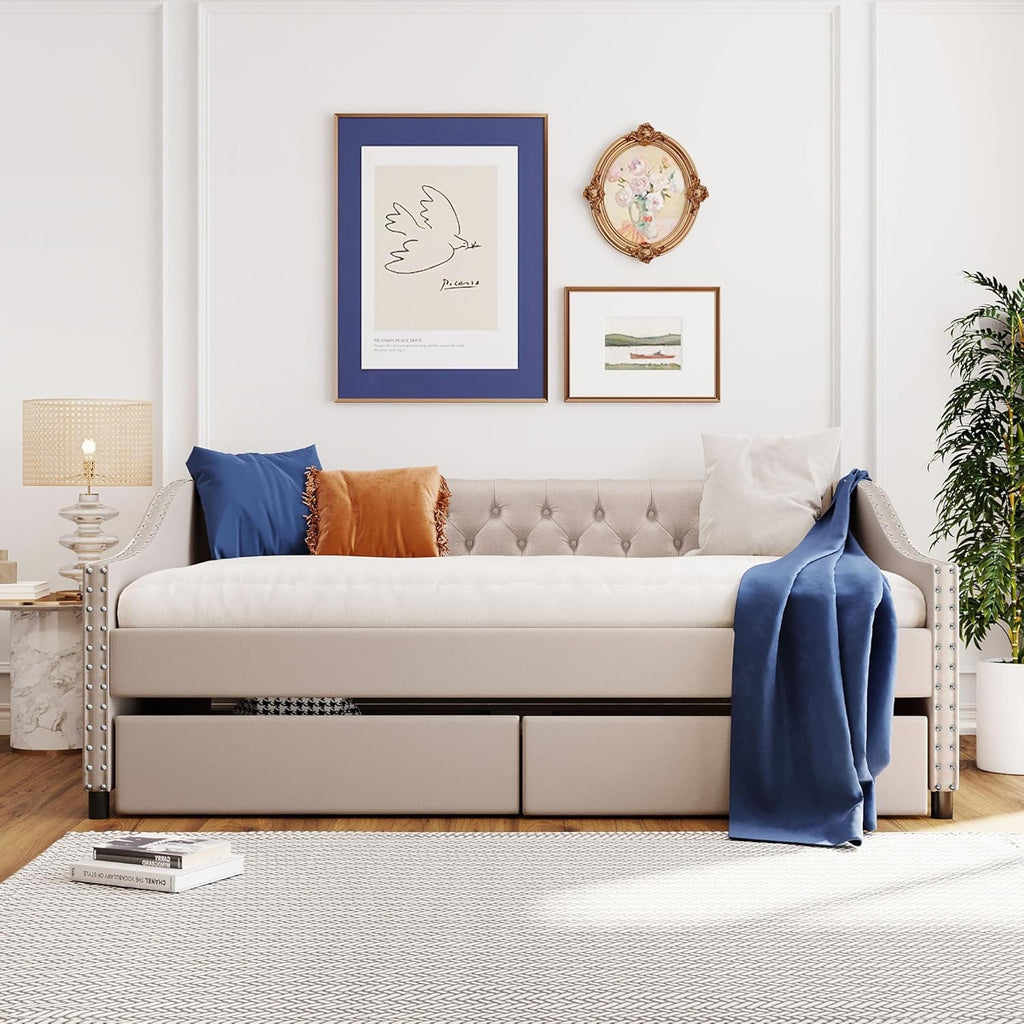 Flieks Linen Upholstered Full Daybed with Storage Drawers | Button-Tufted Sofa Bed with Nailhead Trim – Black