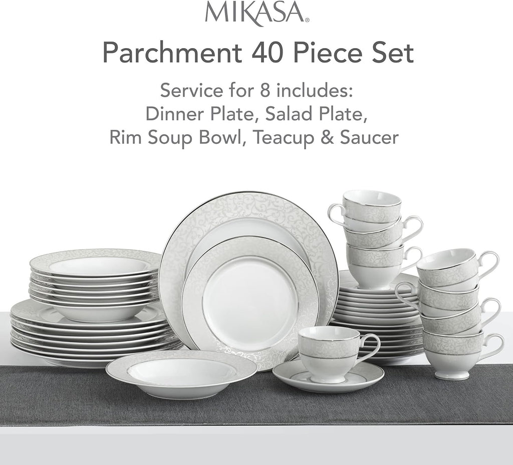 Mikasa Parchment 40-Piece Dinnerware Set | Service for 8 Contemporary Porcelain Plates, Bowls & Mugs