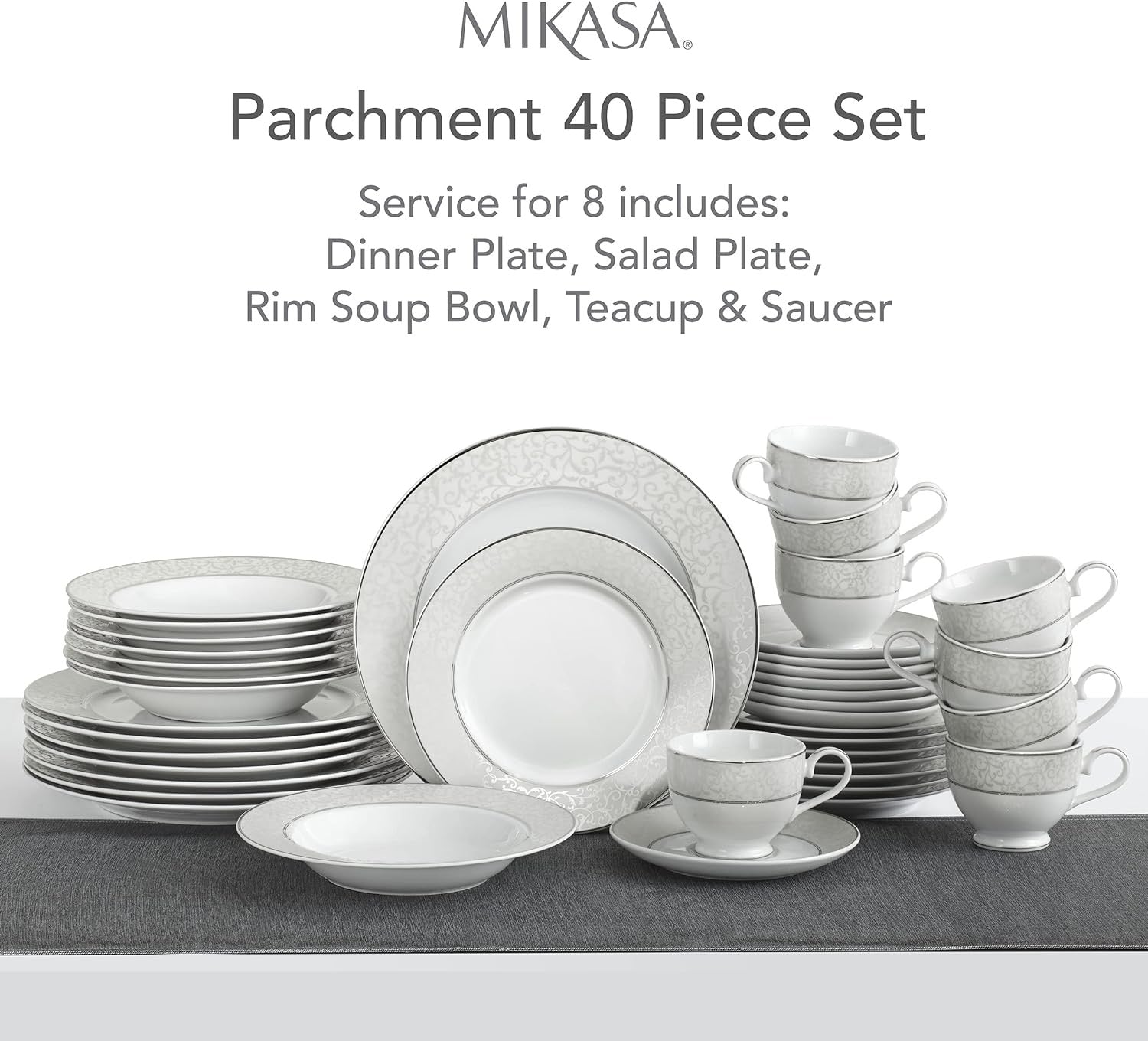 Mikasa Parchment 40-Piece Dinnerware Set | Service for 8 Contemporary Porcelain Plates, Bowls & Mugs
