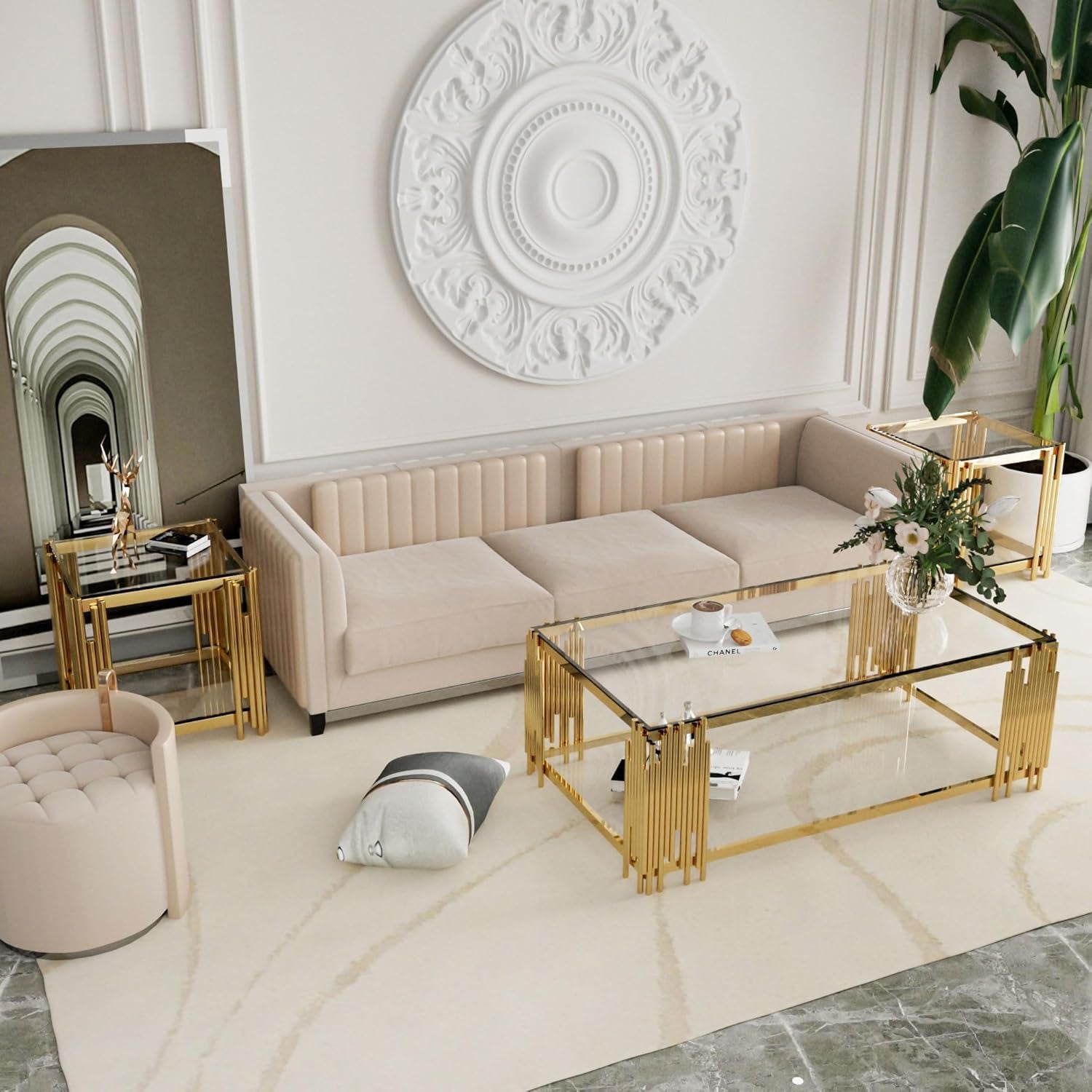 Luxury Gold Square Glass End Table 19.7" | Modern Stainless Steel Side Table with Clear Tempered Glass