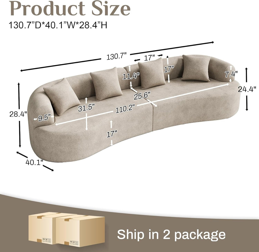 131” Oversized Curved Cloud Sectional Sofa | Plush Chenille Deep Seat Modern Lounge Couch (Light Brown)