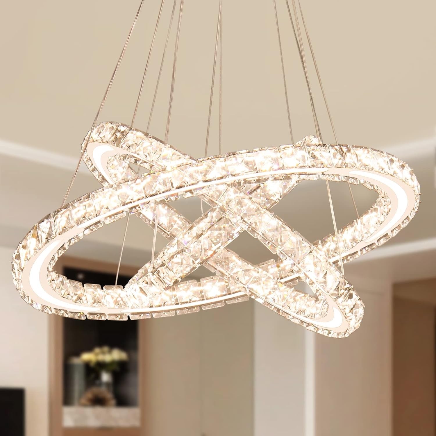 Dimmable LED Modern Crystal Chandelier | Three-Ring Acrylic Ceiling Pendant Light