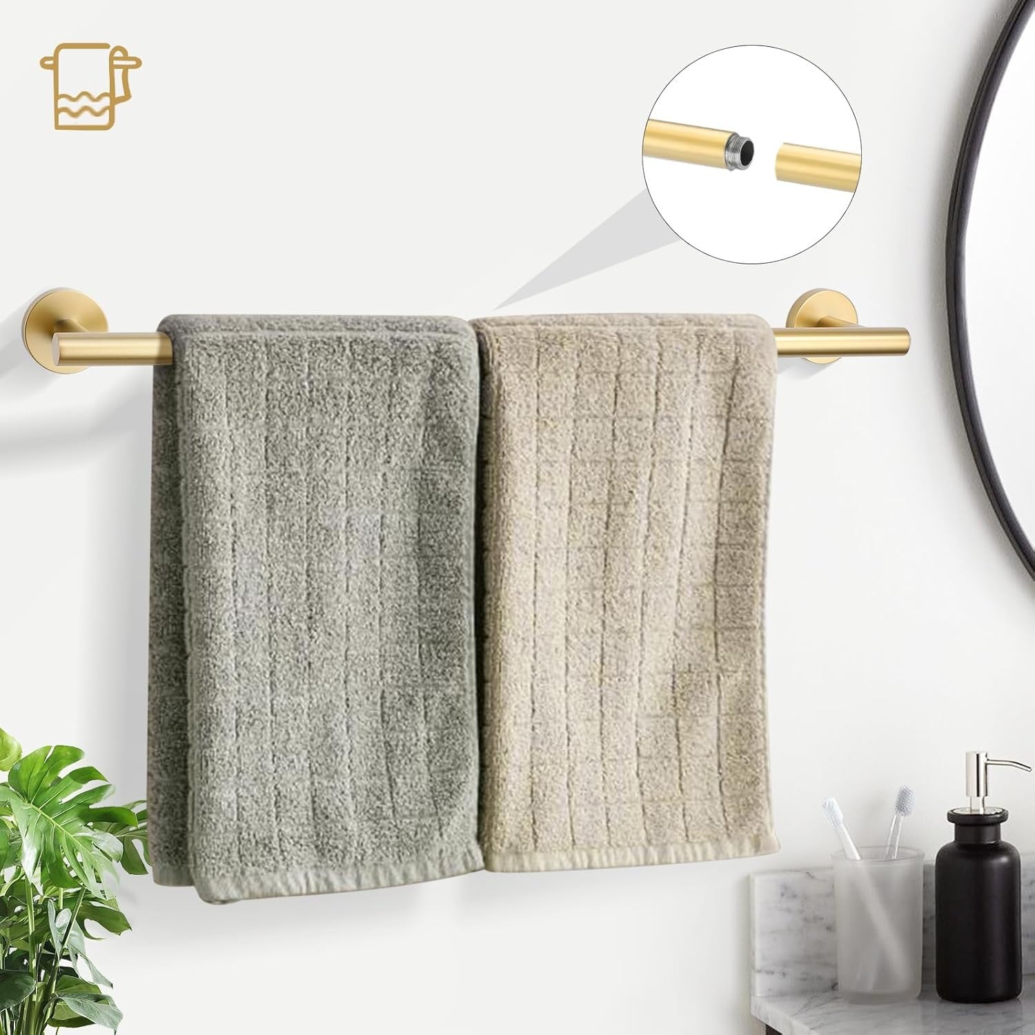 TURS Brushed Gold 5-Piece Bathroom Hardware Set | 24” SUS304 Stainless Steel Round Wall-Mounted Towel Bar Kit