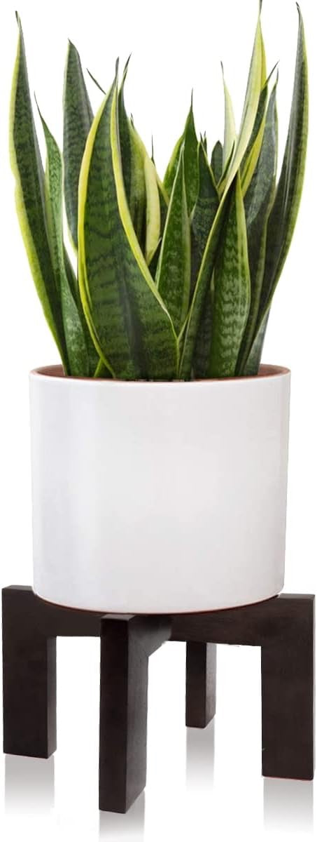 Mid-Century Modern Wood Plant Stand | Indoor & Outdoor Rattan Planter Stool (Fits 5–15” Pots)