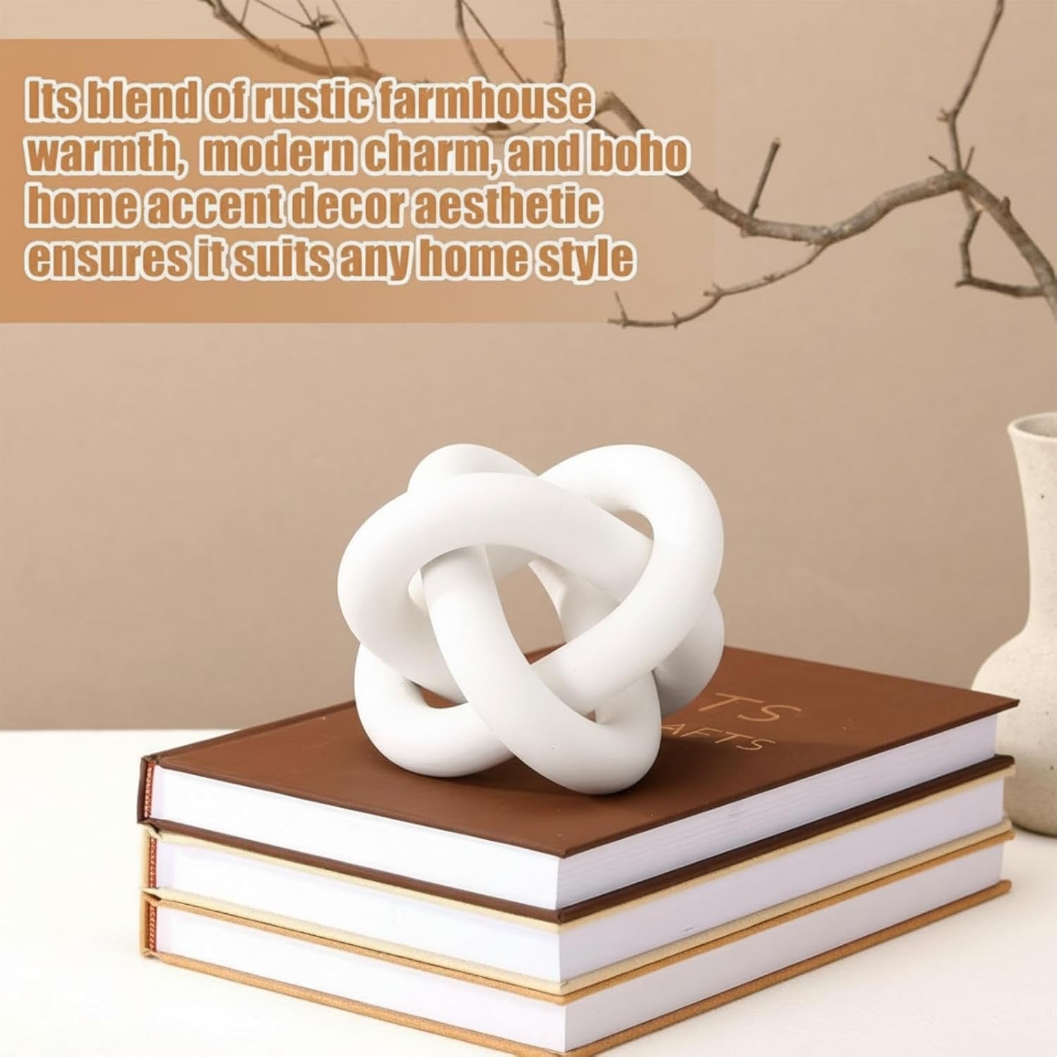 3-Link Wooden Knot Decor | Hand-Carved Rustic White Chain Link Coffee Table Accent