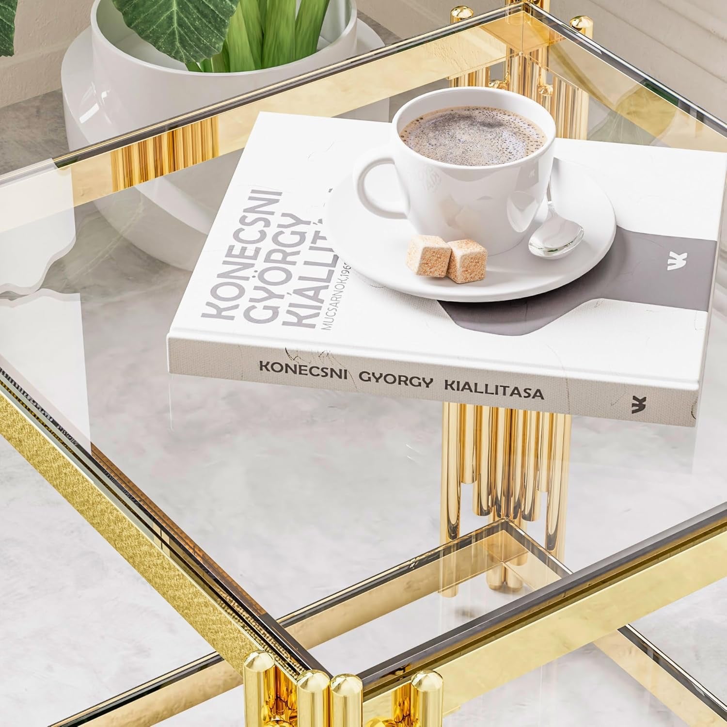 Luxury Gold Square Glass End Table 19.7" | Modern Stainless Steel Side Table with Clear Tempered Glass