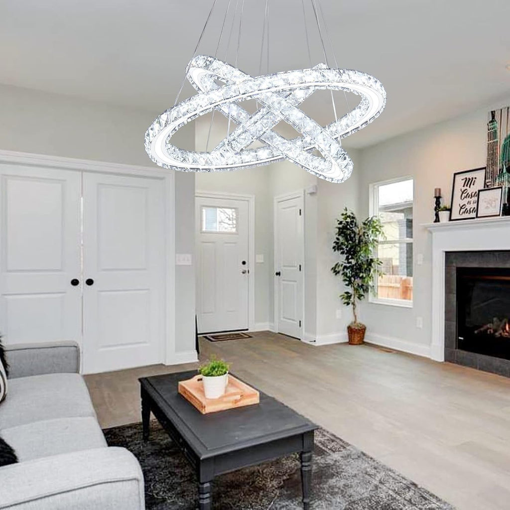 Dimmable LED Modern Crystal Chandelier | Three-Ring Acrylic Ceiling Pendant Light