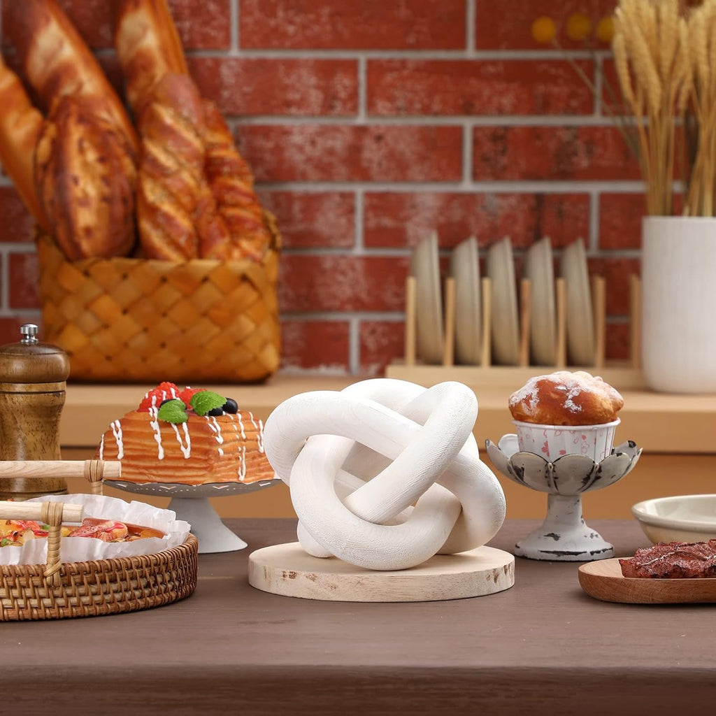 3-Link Wooden Knot Decor | Hand-Carved Rustic White Chain Link Coffee Table Accent