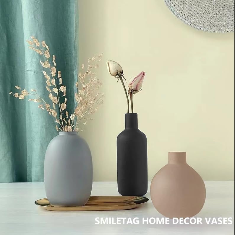 Smiletag Ceramic Modern Farmhouse Vase Set of 3 | Neutral Decorative Table & Shelf Vases