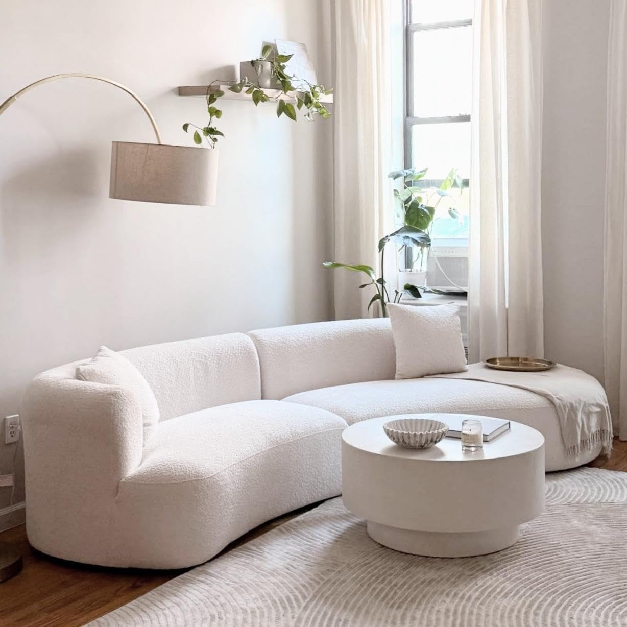 Acanva 114" Curved Bouclé Sectional Sofa | Modern Modular White Couch (Right-Hand Facing)