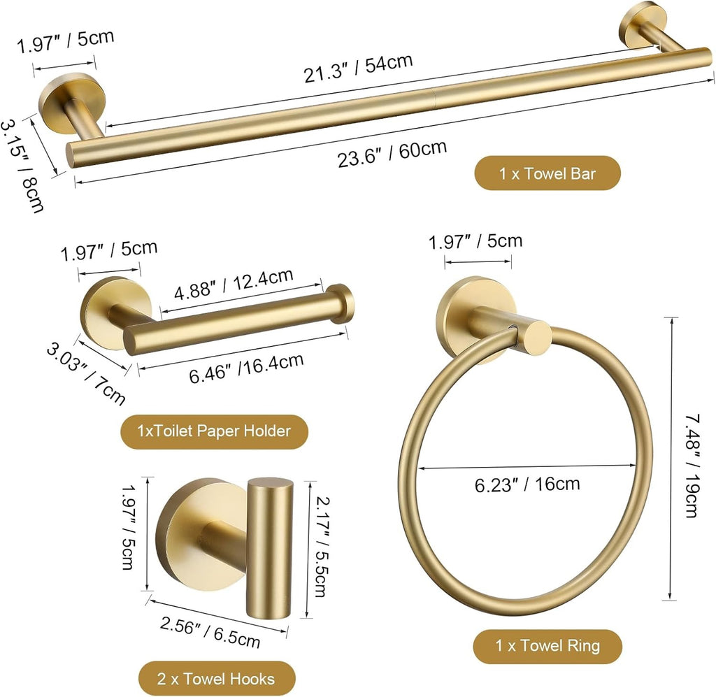 TURS Brushed Gold 5-Piece Bathroom Hardware Set | 24” SUS304 Stainless Steel Round Wall-Mounted Towel Bar Kit