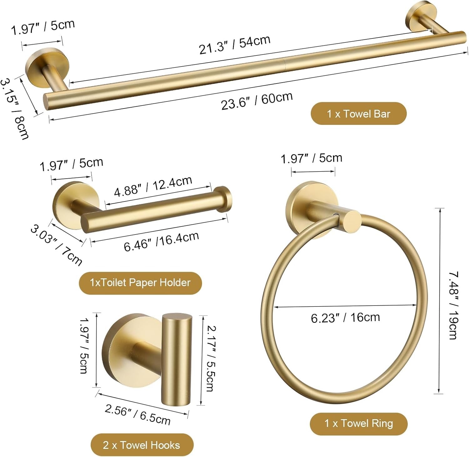 TURS Brushed Gold 5-Piece Bathroom Hardware Set | 24” SUS304 Stainless Steel Round Wall-Mounted Towel Bar Kit