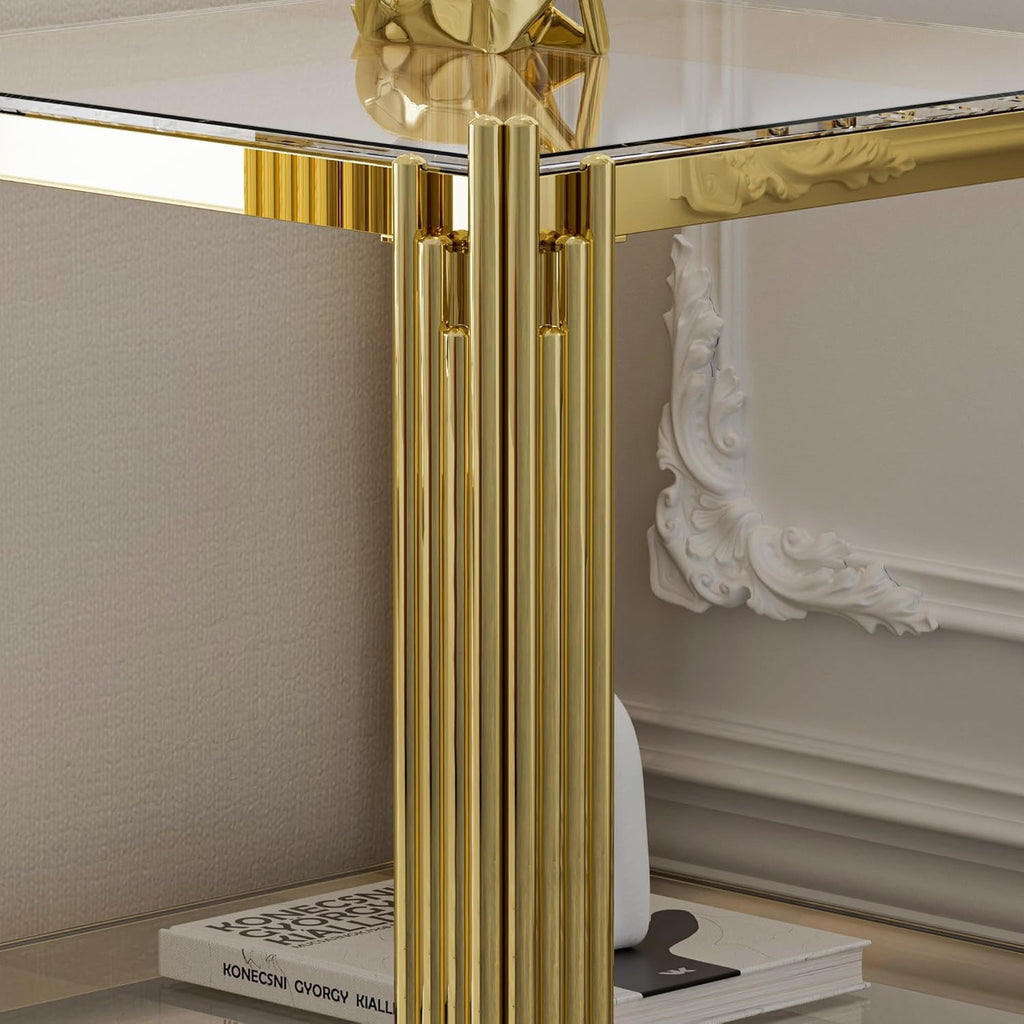 Luxury Gold Square Glass End Table 19.7" | Modern Stainless Steel Side Table with Clear Tempered Glass