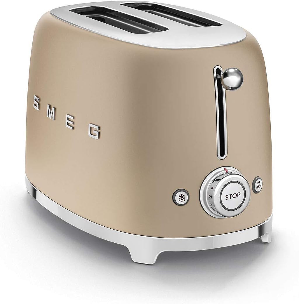SMEG 2-Slice Toaster | Retro Luxury Toaster with 6 Presets & Defrost Function (Matte Champagne)