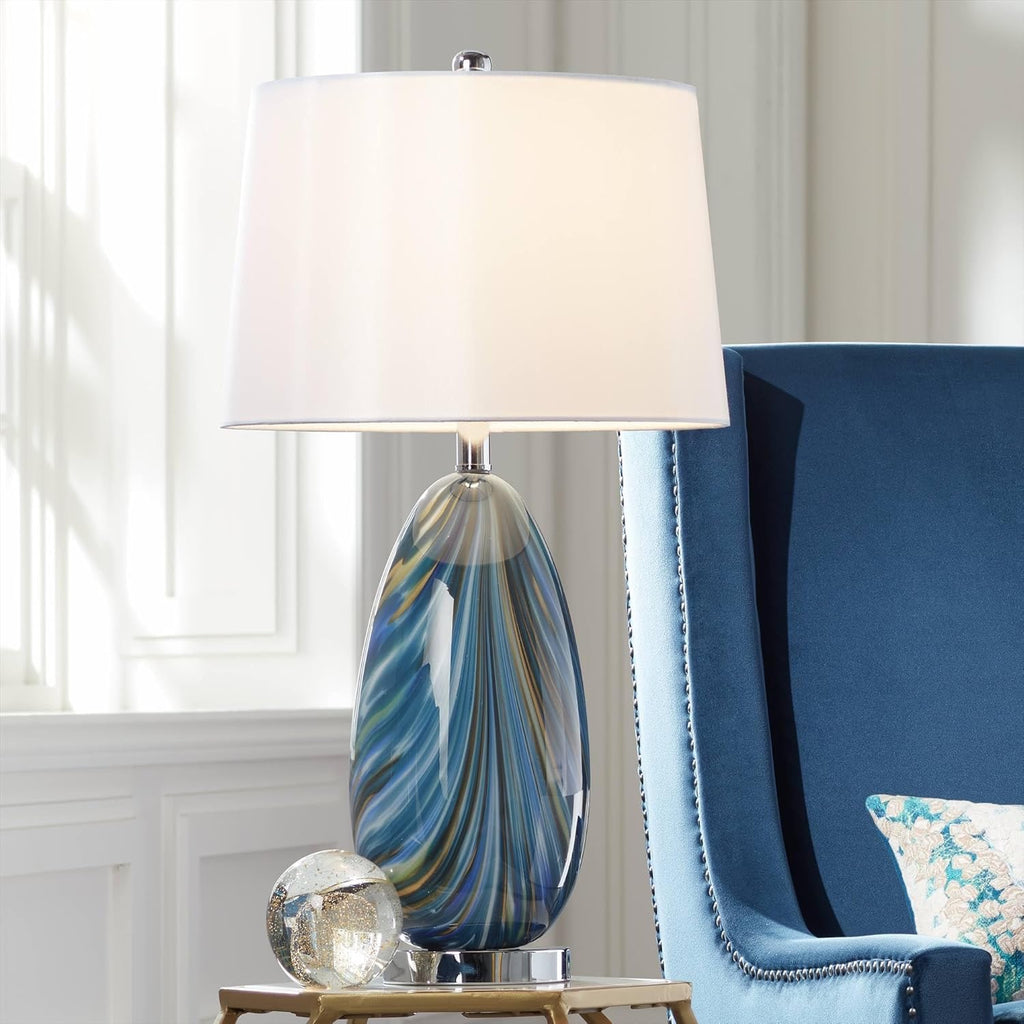 Possini Euro Design Pablo 27” Art Glass Table Lamp | Swirling Blue Hand-Blown Decorative Lamp