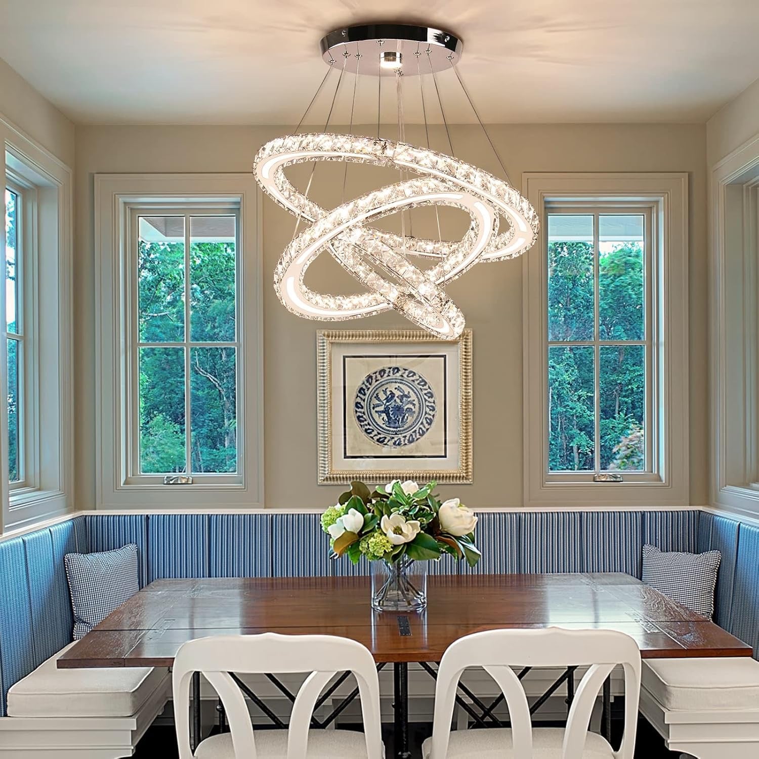 Dimmable LED Modern Crystal Chandelier | Three-Ring Acrylic Ceiling Pendant Light