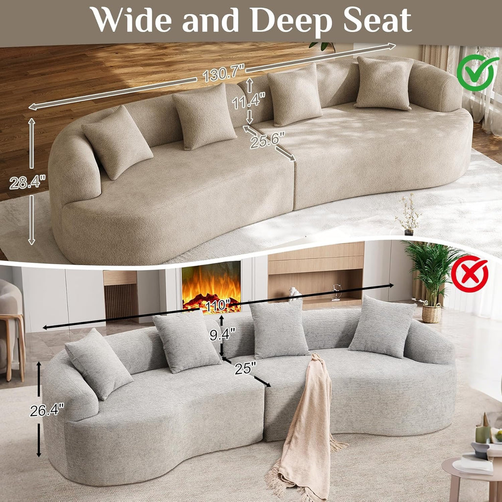 131” Oversized Curved Cloud Sectional Sofa | Plush Chenille Deep Seat Modern Lounge Couch (Light Brown)