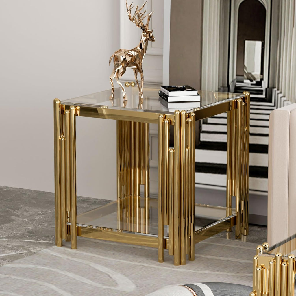 Luxury Gold Square Glass End Table 19.7" | Modern Stainless Steel Side Table with Clear Tempered Glass
