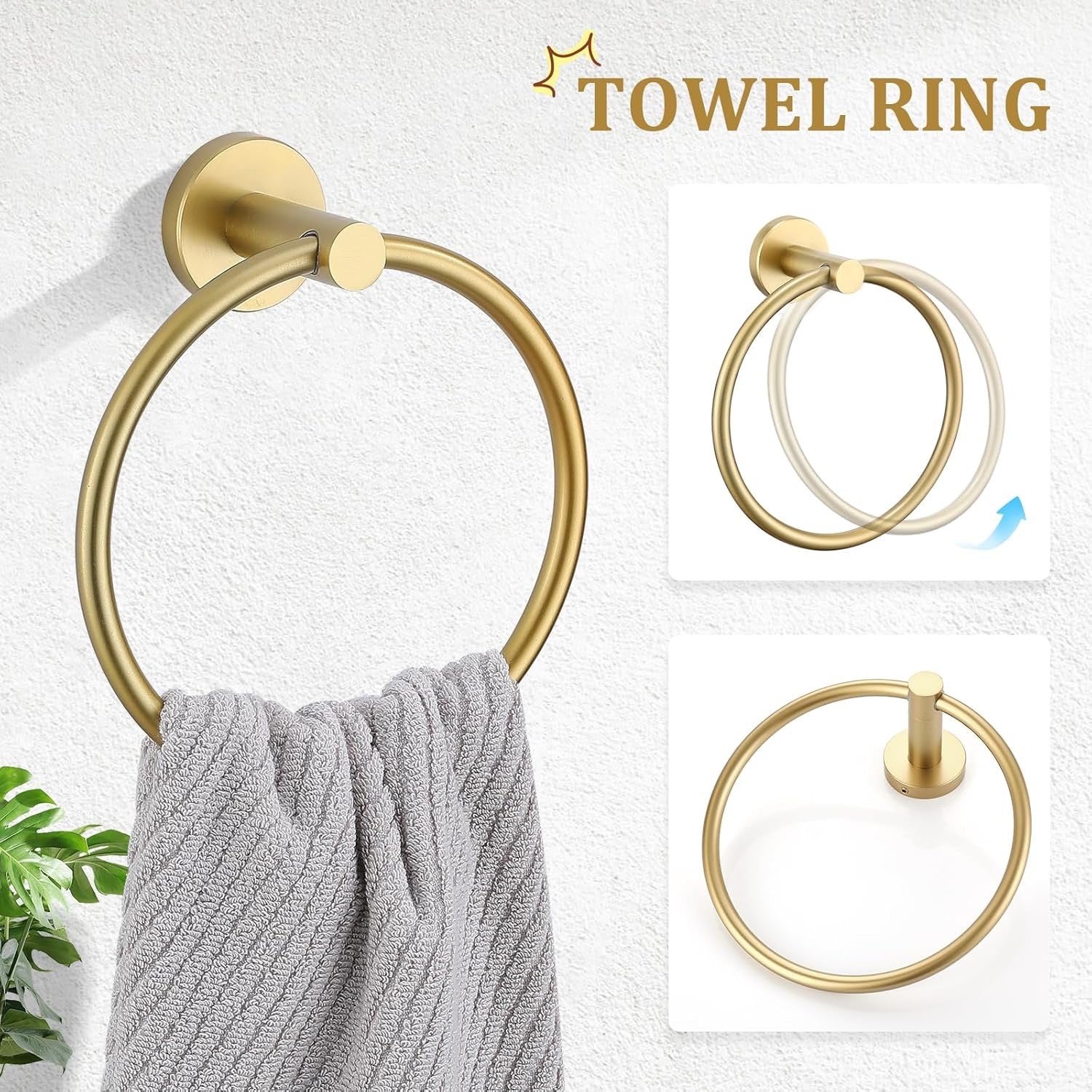 TURS Brushed Gold 5-Piece Bathroom Hardware Set | 24” SUS304 Stainless Steel Round Wall-Mounted Towel Bar Kit