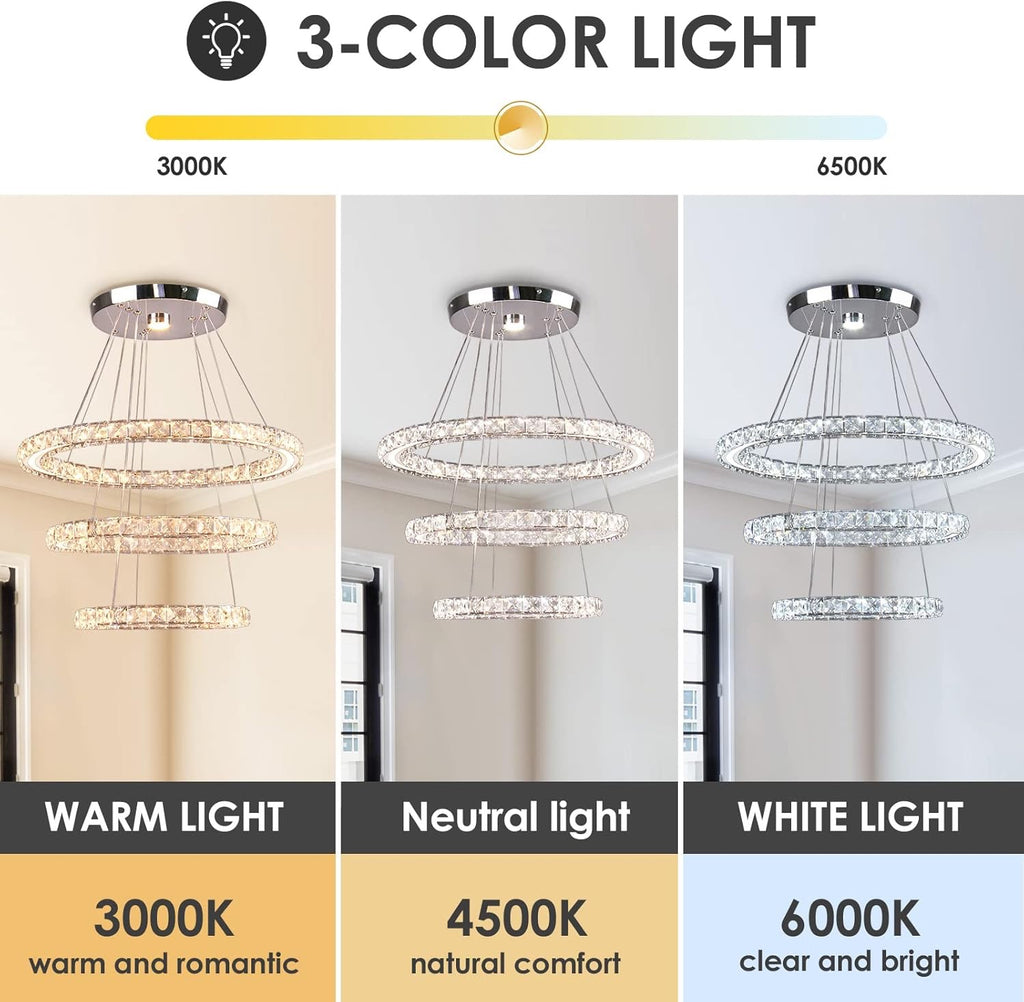 Dimmable LED Modern Crystal Chandelier | Three-Ring Acrylic Ceiling Pendant Light