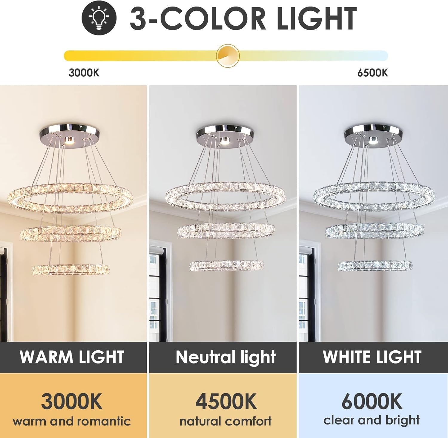 Dimmable LED Modern Crystal Chandelier | Three-Ring Acrylic Ceiling Pendant Light