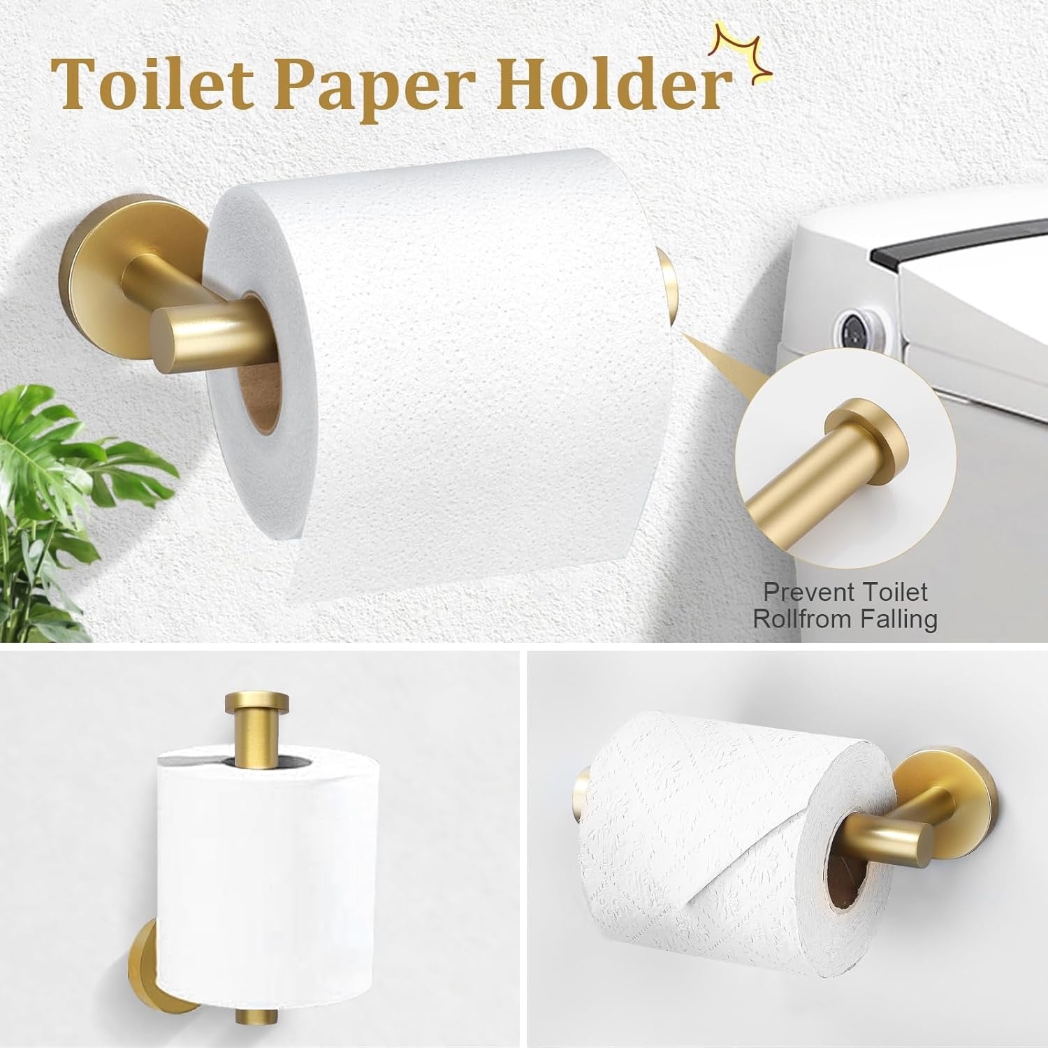 TURS Brushed Gold 5-Piece Bathroom Hardware Set | 24” SUS304 Stainless Steel Round Wall-Mounted Towel Bar Kit
