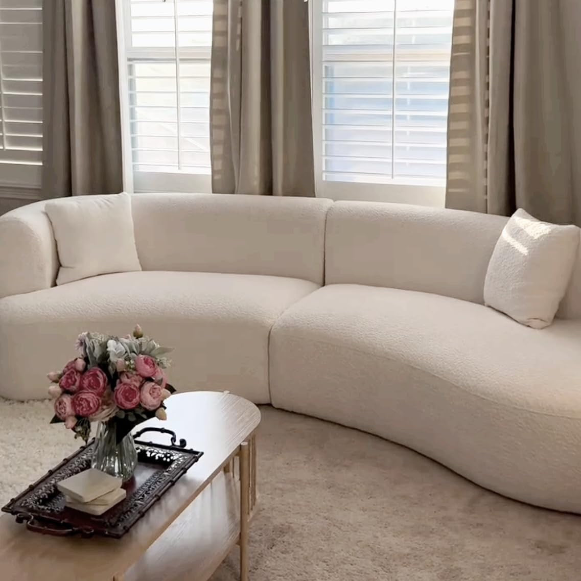 Acanva 114" Curved Bouclé Sectional Sofa | Modern Modular White Couch (Right-Hand Facing)