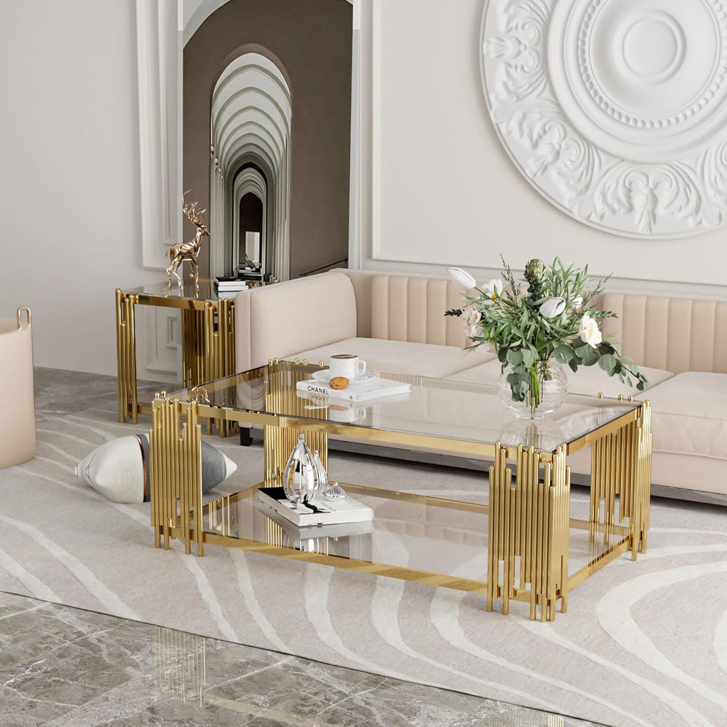 Luxury Gold Square Glass End Table 19.7" | Modern Stainless Steel Side Table with Clear Tempered Glass