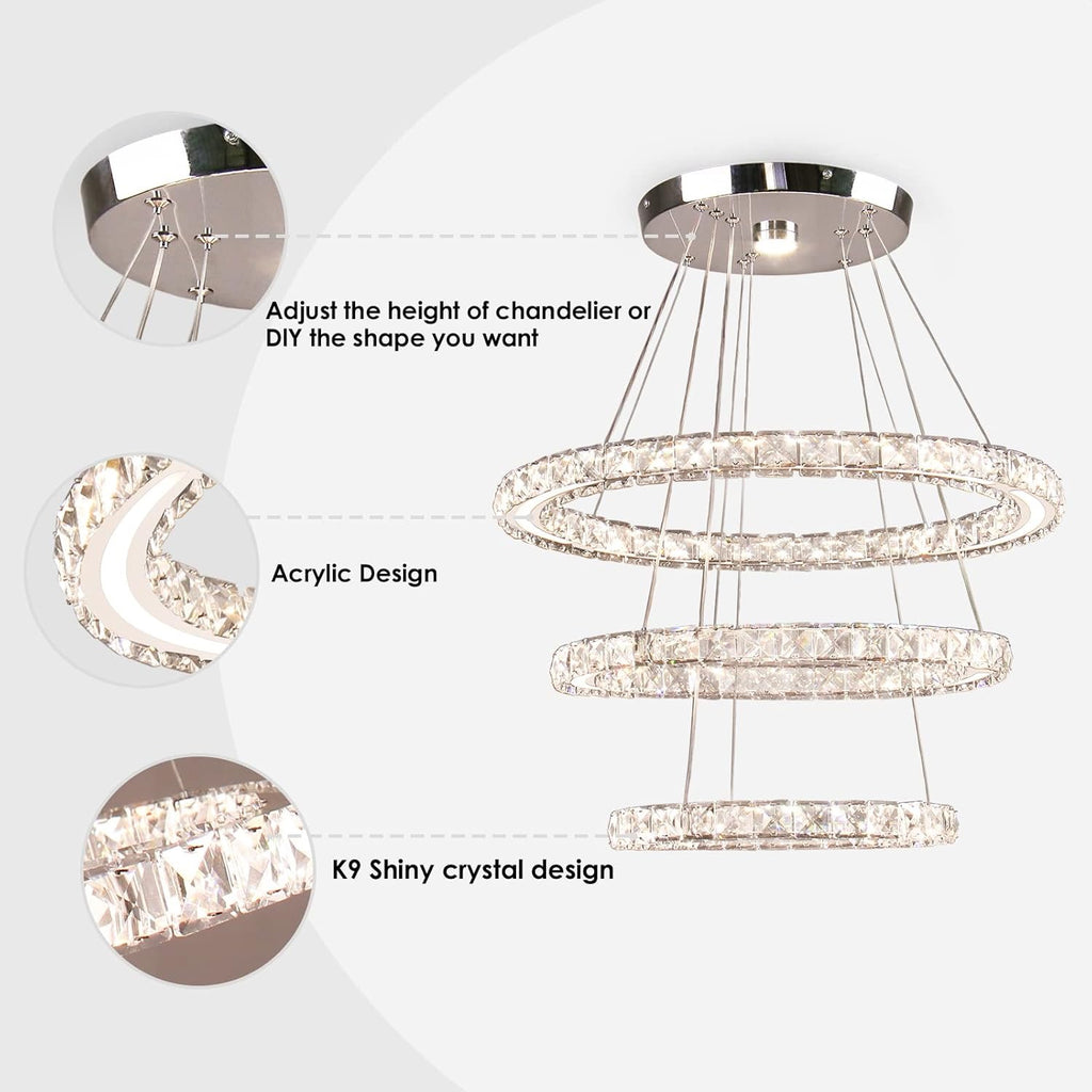 Dimmable LED Modern Crystal Chandelier | Three-Ring Acrylic Ceiling Pendant Light