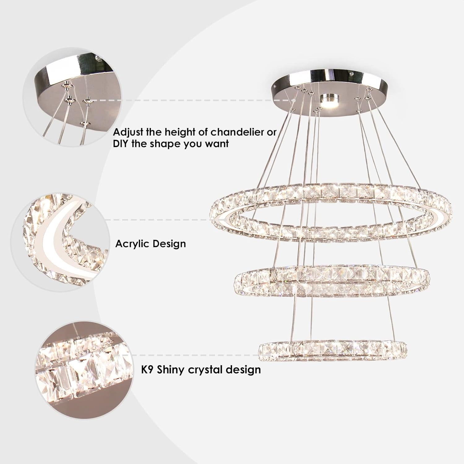 Dimmable LED Modern Crystal Chandelier | Three-Ring Acrylic Ceiling Pendant Light