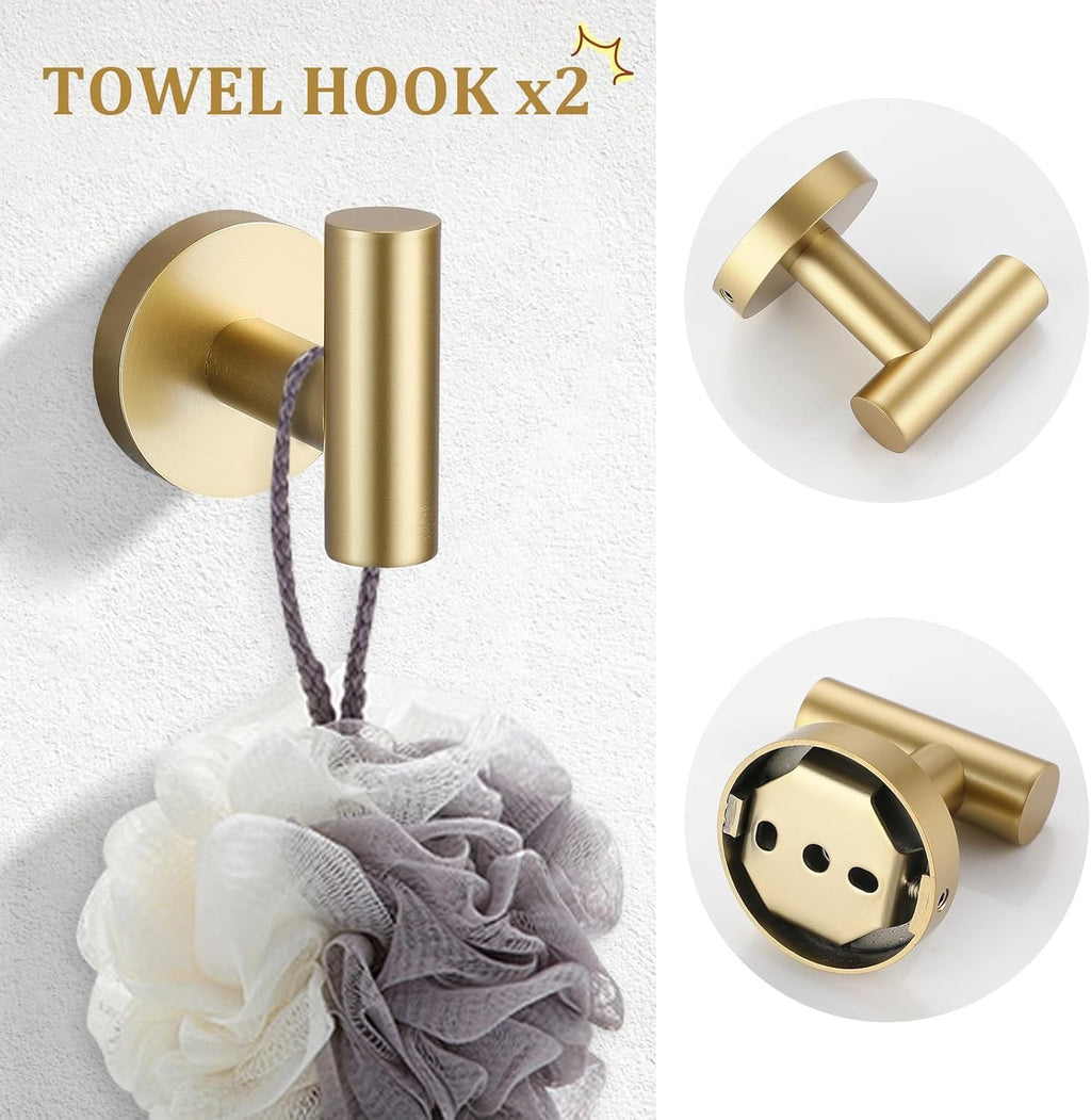 TURS Brushed Gold 5-Piece Bathroom Hardware Set | 24” SUS304 Stainless Steel Round Wall-Mounted Towel Bar Kit
