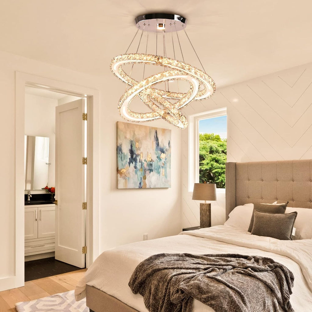 Dimmable LED Modern Crystal Chandelier | Three-Ring Acrylic Ceiling Pendant Light