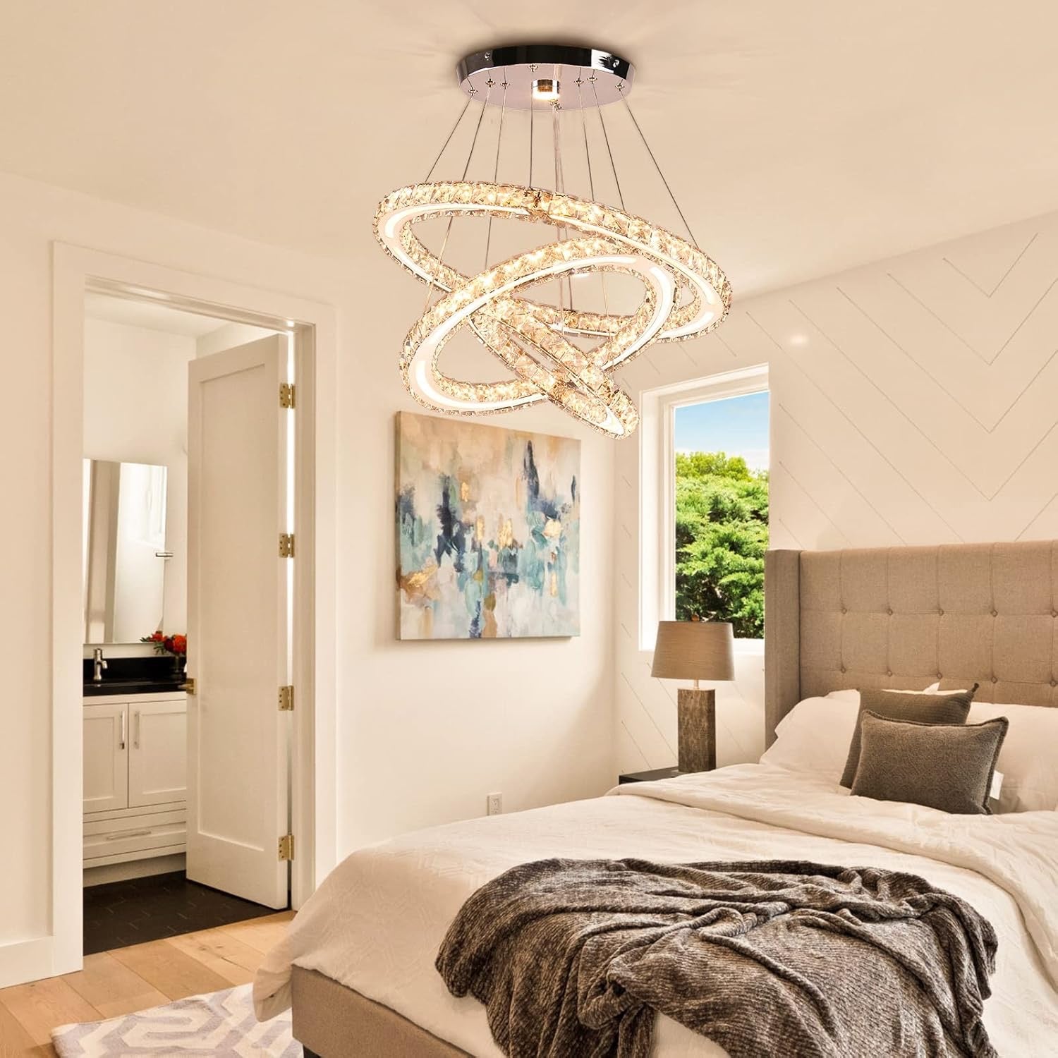 Dimmable LED Modern Crystal Chandelier | Three-Ring Acrylic Ceiling Pendant Light