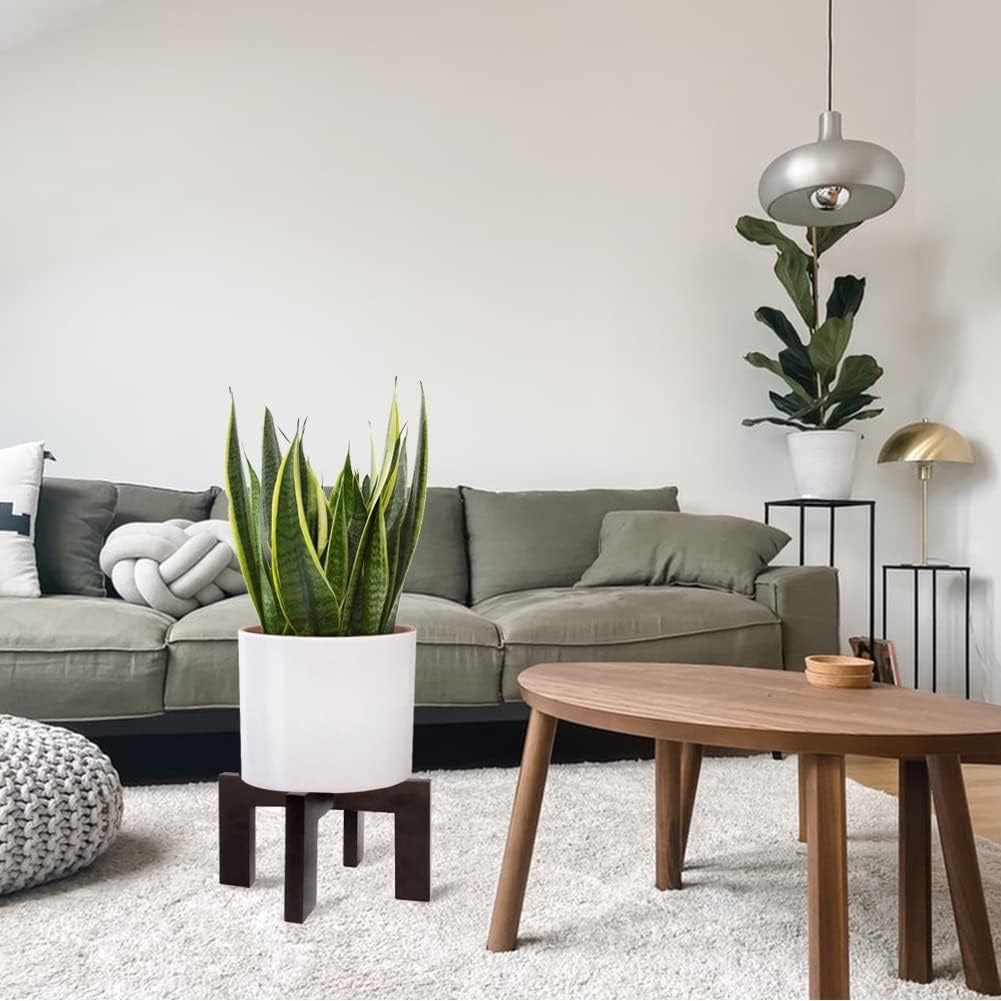 Mid-Century Modern Wood Plant Stand | Indoor & Outdoor Rattan Planter Stool (Fits 5–15” Pots)