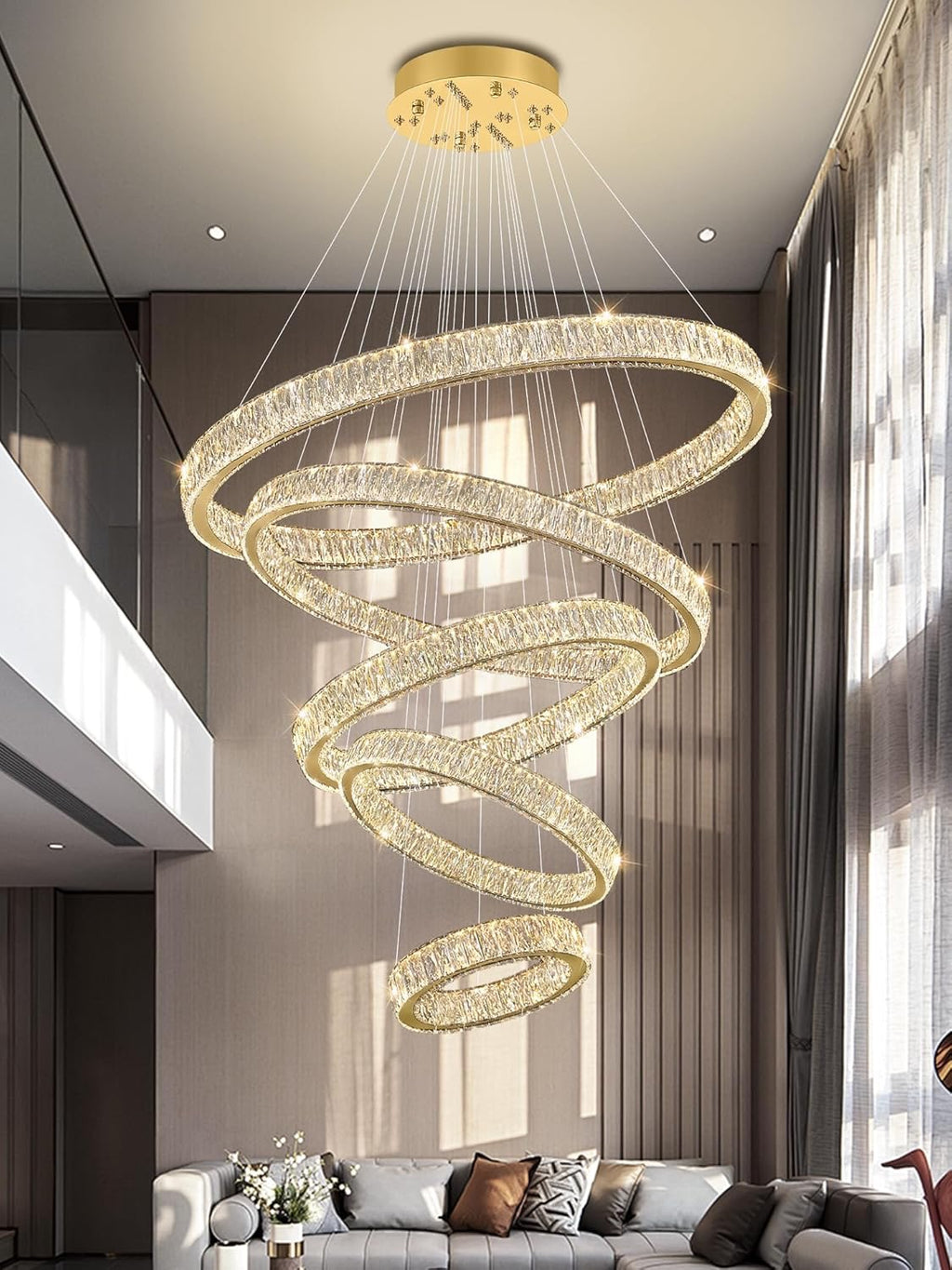 Modern 5-Ring Luxury Crystal Chandelier | High Ceiling Ceiling Light Fixture (Gold)