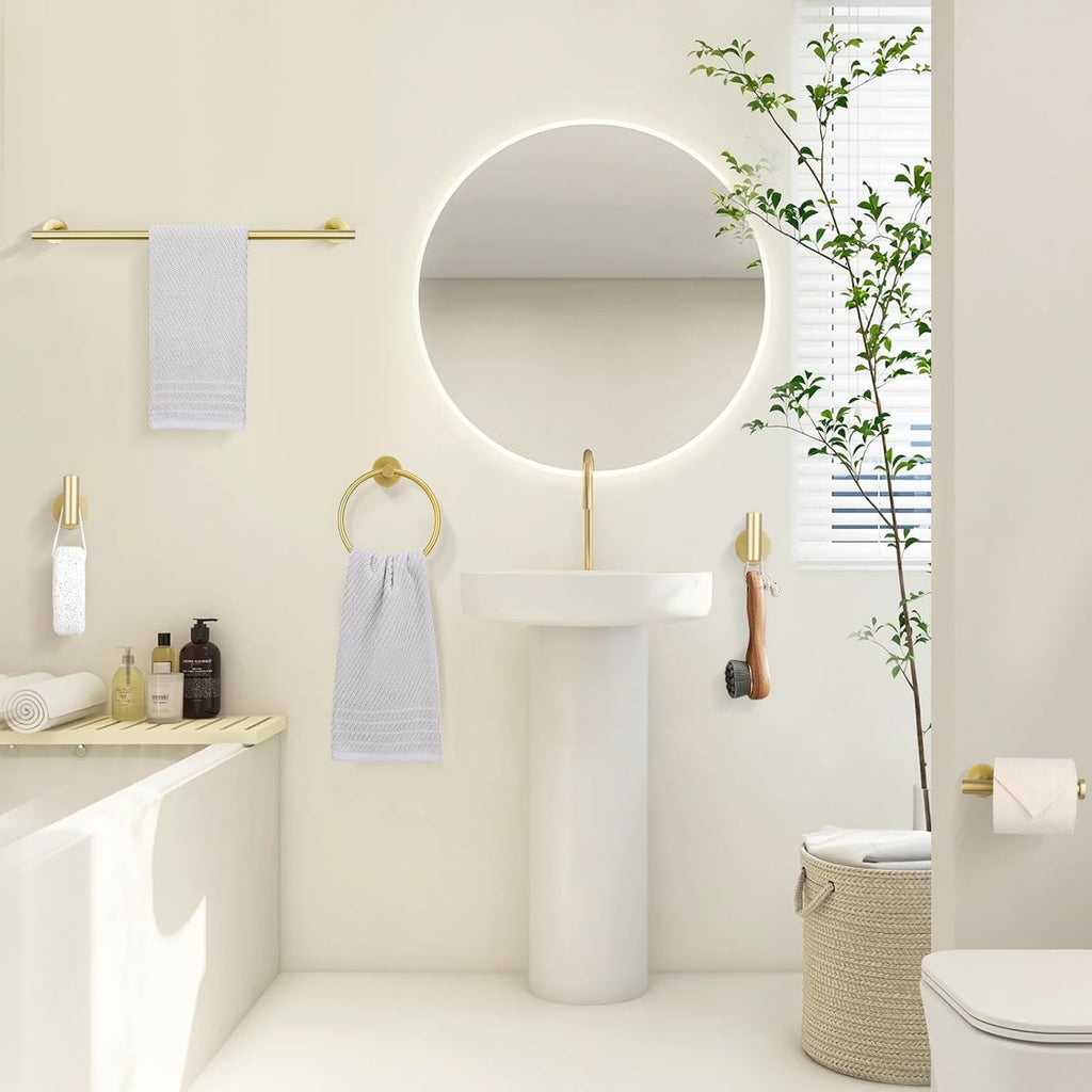 TURS Brushed Gold 5-Piece Bathroom Hardware Set | 24” SUS304 Stainless Steel Round Wall-Mounted Towel Bar Kit