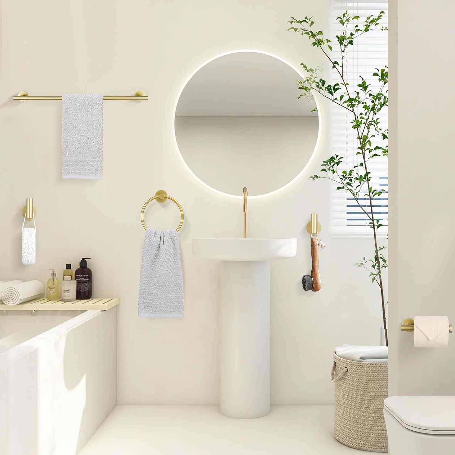 TURS Brushed Gold 5-Piece Bathroom Hardware Set | 24” SUS304 Stainless Steel Round Wall-Mounted Towel Bar Kit