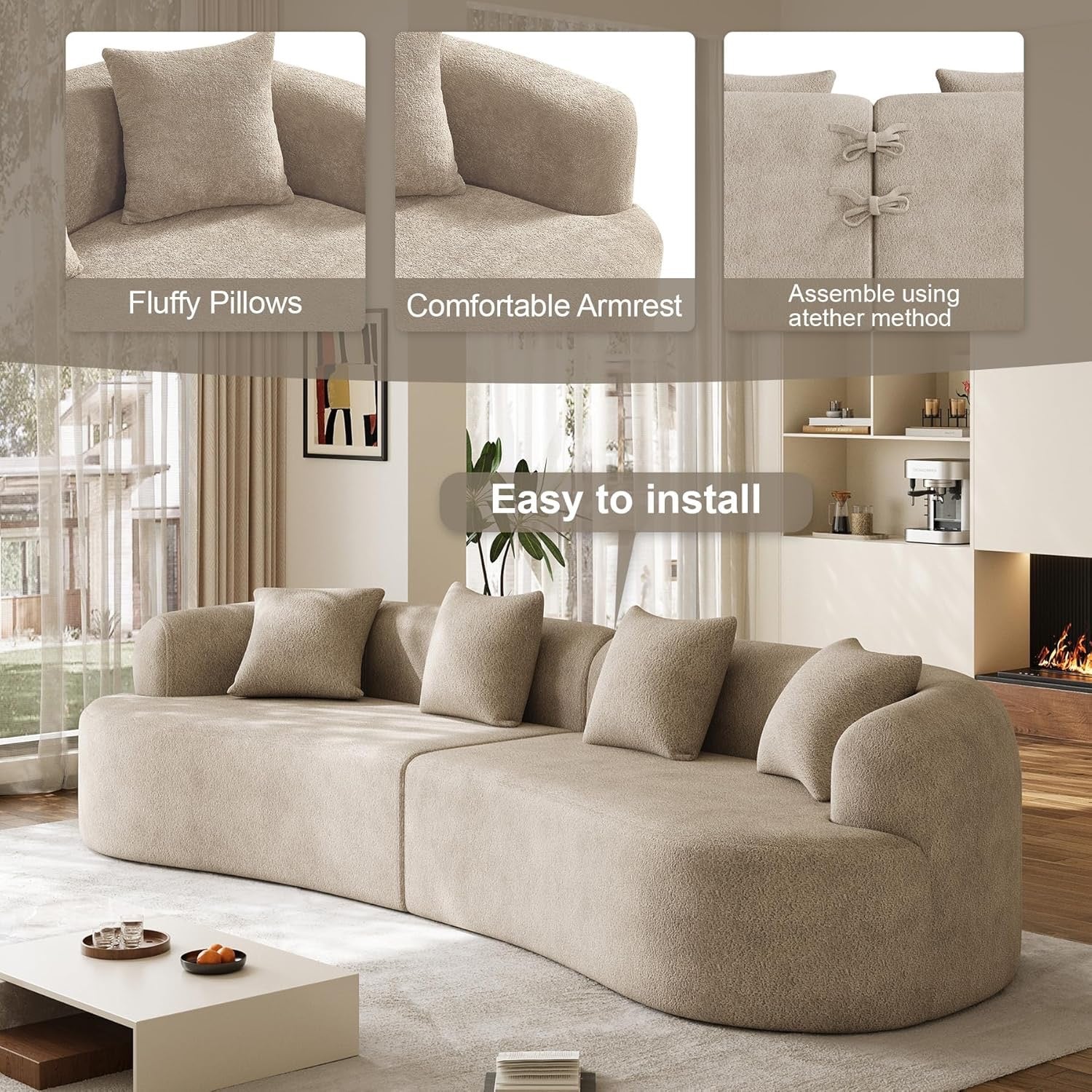 131” Oversized Curved Cloud Sectional Sofa | Plush Chenille Deep Seat Modern Lounge Couch (Light Brown)