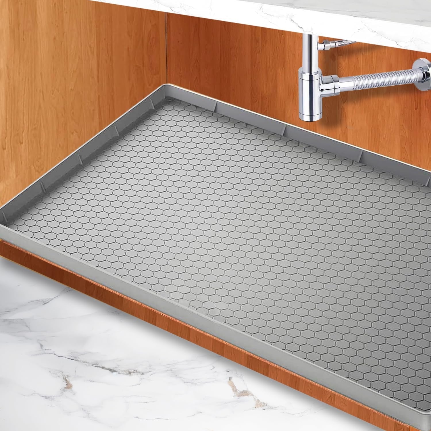 SAZTEAY Waterproof Under Sink Mat (28” × 19”) | Silicone Cabinet Protector Tray for Kitchen & Bathroom – Grey