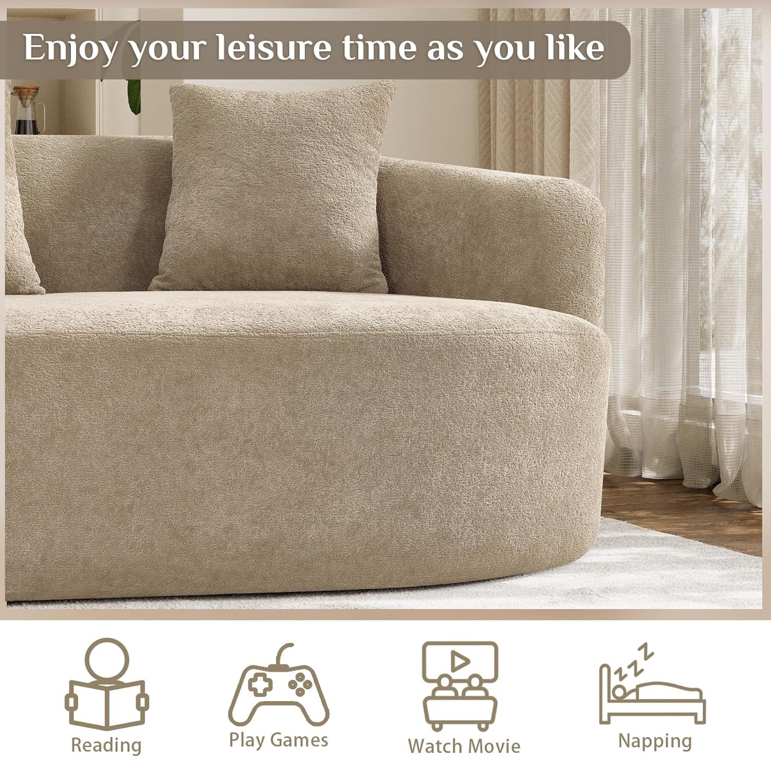 131” Oversized Curved Cloud Sectional Sofa | Plush Chenille Deep Seat Modern Lounge Couch (Light Brown)