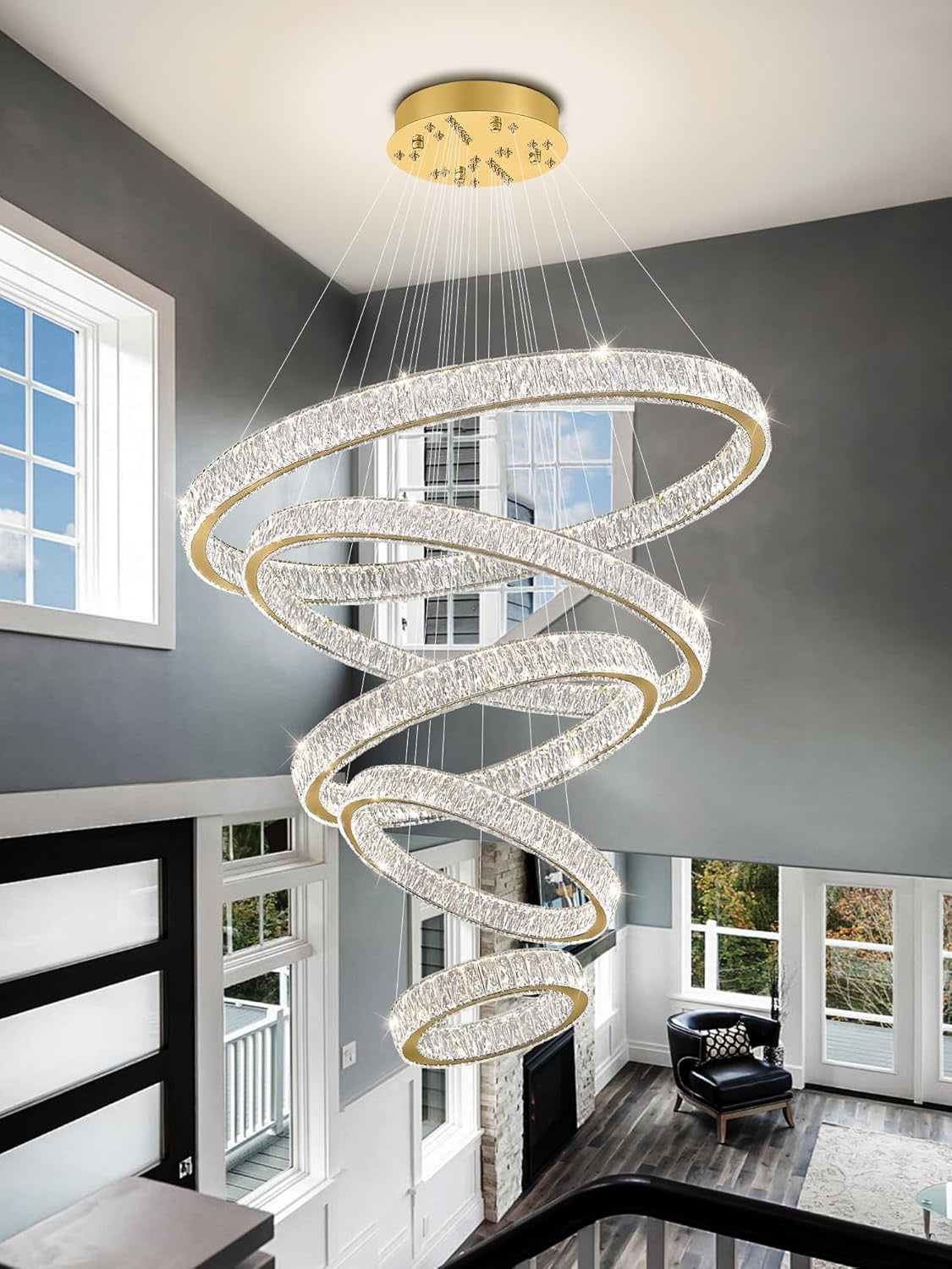 Modern 5-Ring Luxury Crystal Chandelier | High Ceiling Ceiling Light Fixture (Gold)
