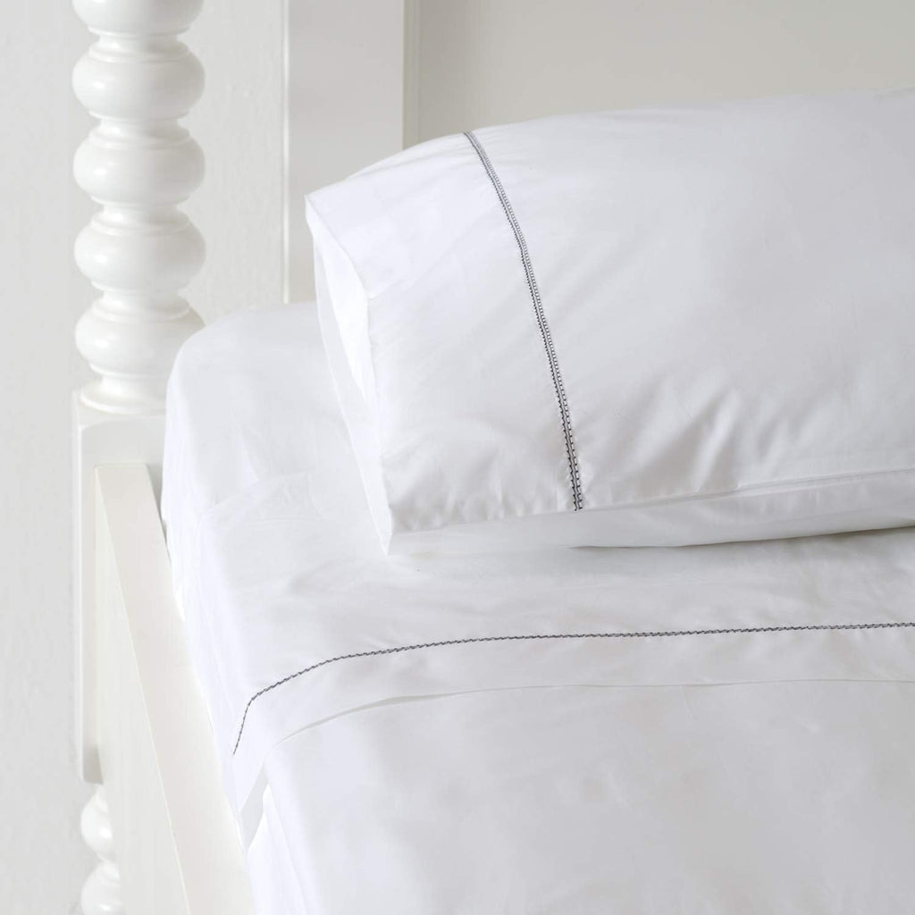 Huddleson 500TC Cotton Percale Sheet Set | White Italian Luxury Sheets with Black Hemstitch Trim – Queen