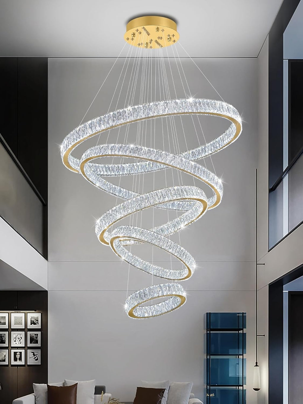 Modern 5-Ring Luxury Crystal Chandelier | High Ceiling Ceiling Light Fixture (Gold)
