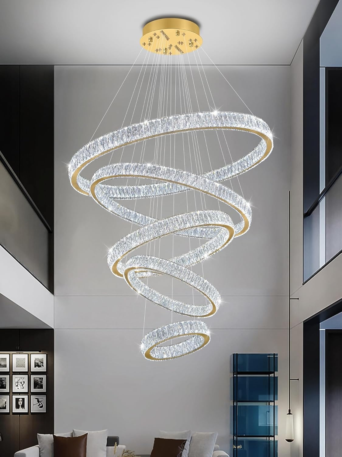 Modern 5-Ring Luxury Crystal Chandelier | High Ceiling Ceiling Light Fixture (Gold)